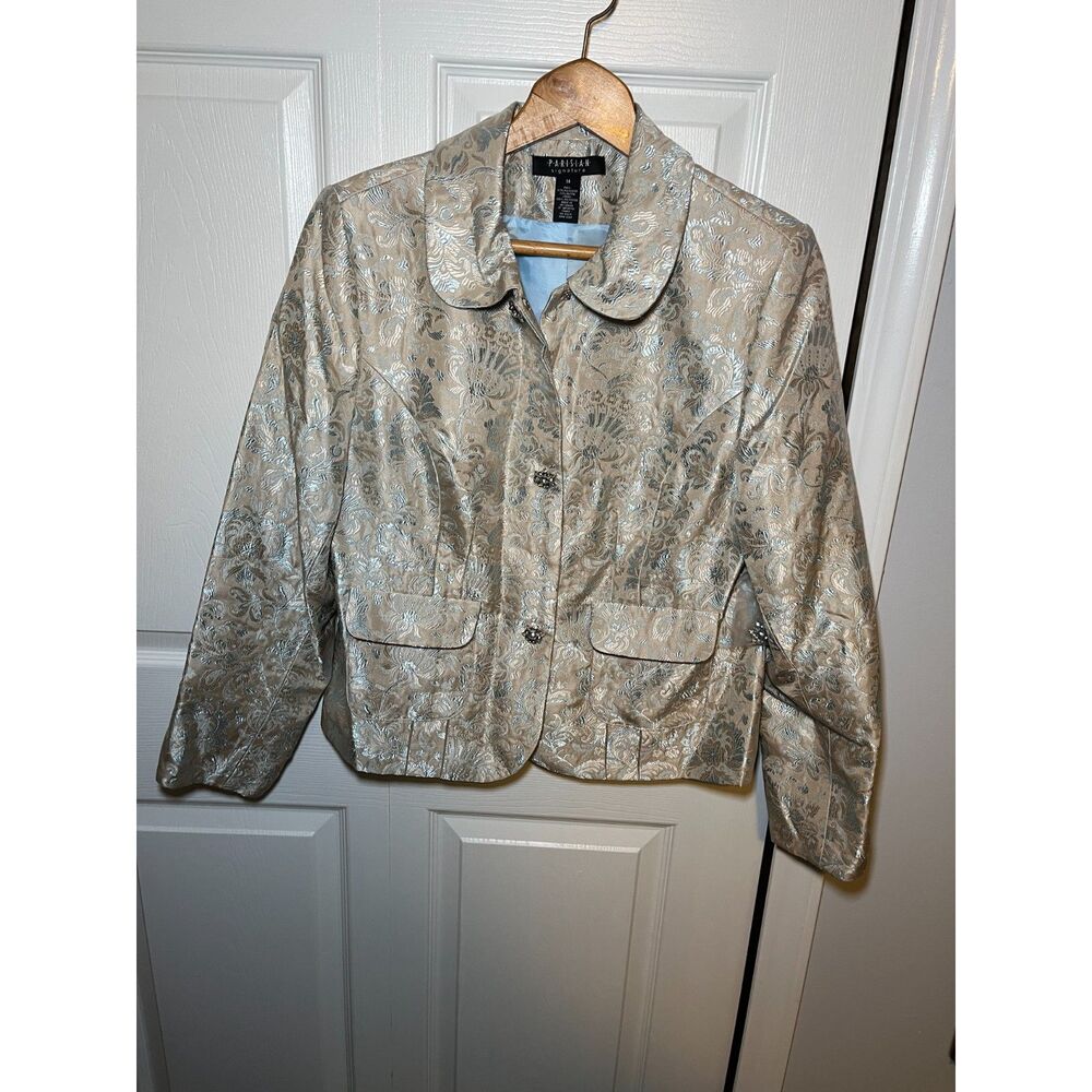 Parisian Signature Brocade Jacket Silver Blue Floral Size 14
